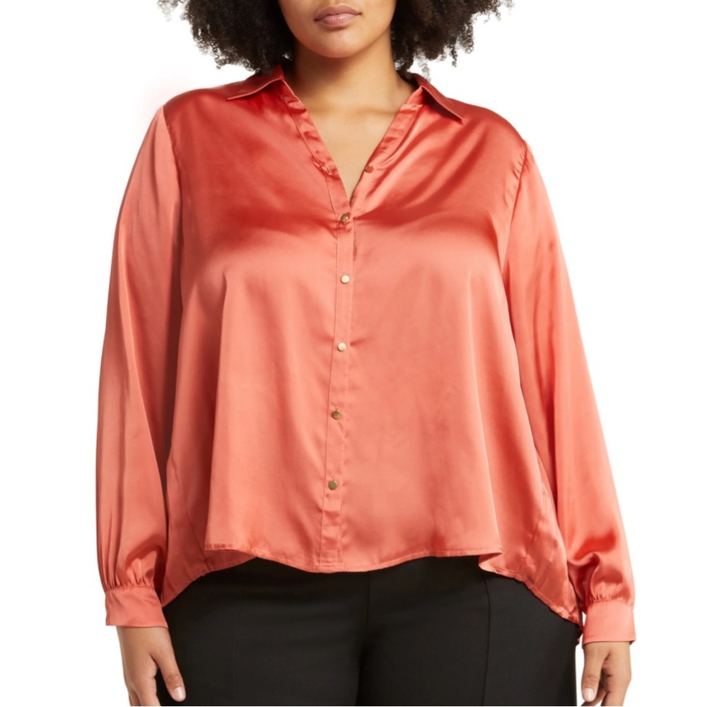 Belldini Satin Button Down Pleated Back Blouse